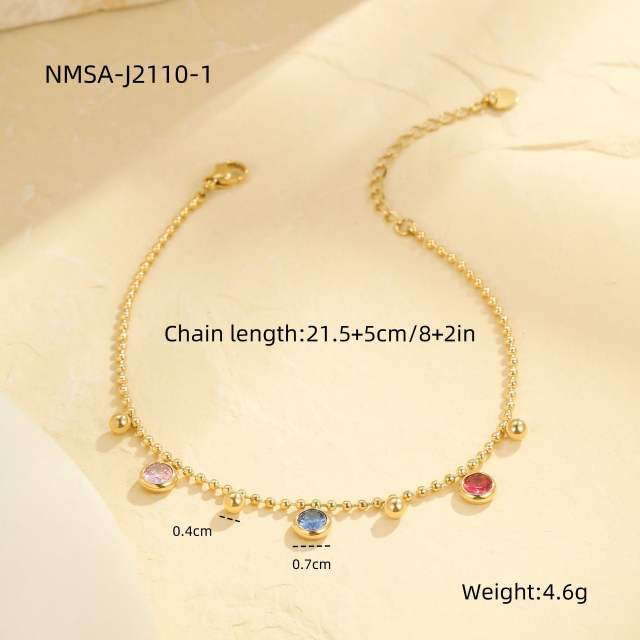 INS colorful rhinestone charm bead chain stainless steel anklet