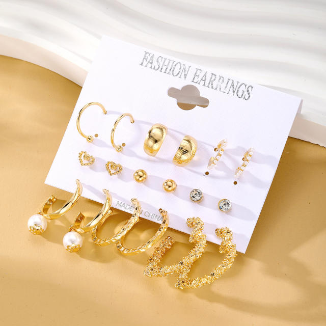 9pcs imitation pearl studs alloy hoop earrings set with card