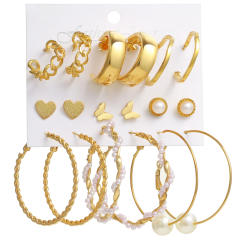 9pcs imitation pearl studs alloy hoop earrings set with card