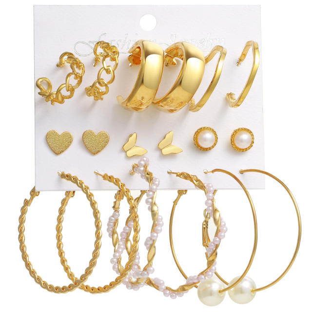 9pcs imitation pearl studs alloy hoop earrings set with card