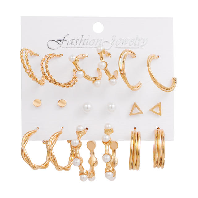 9pcs imitation pearl studs alloy hoop earrings set with card