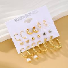 9pcs imitation pearl studs alloy hoop earrings set with card