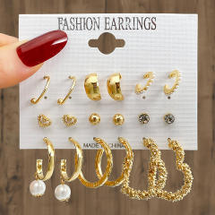 9pcs imitation pearl studs alloy hoop earrings set with card
