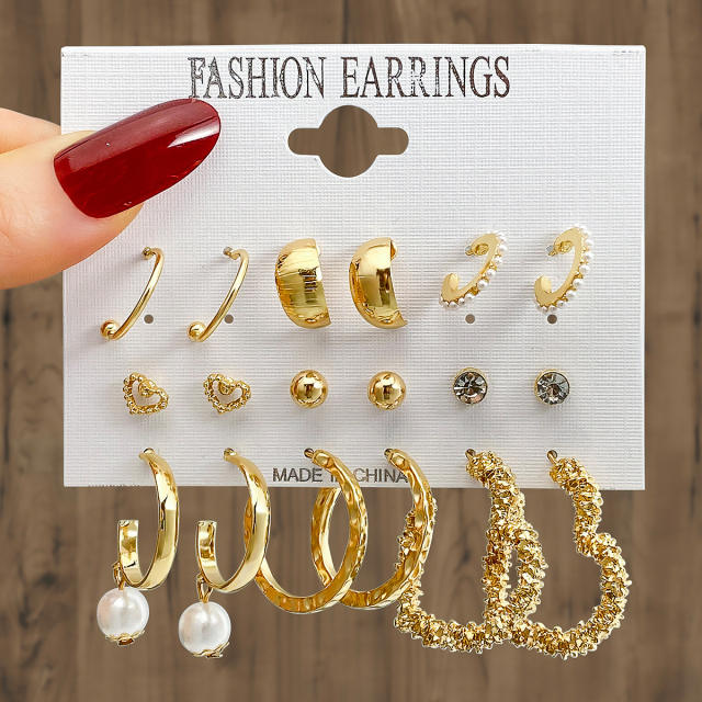 9pcs imitation pearl studs alloy hoop earrings set with card
