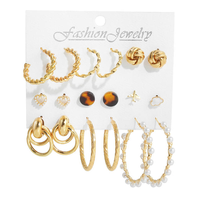 9pcs imitation pearl studs alloy hoop earrings set with card
