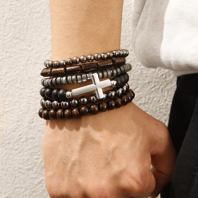 Boho cross symbol elastic bead bracelet set for men