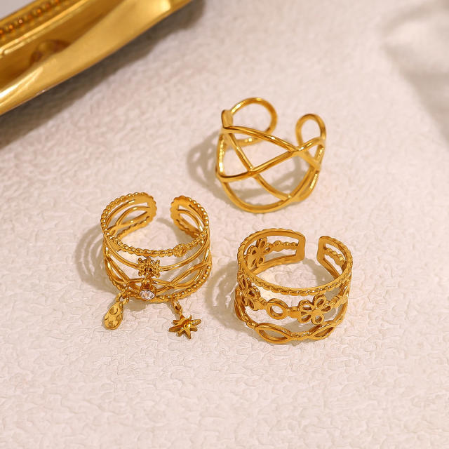 INS boho hollow out gold color stainless steel rings collection