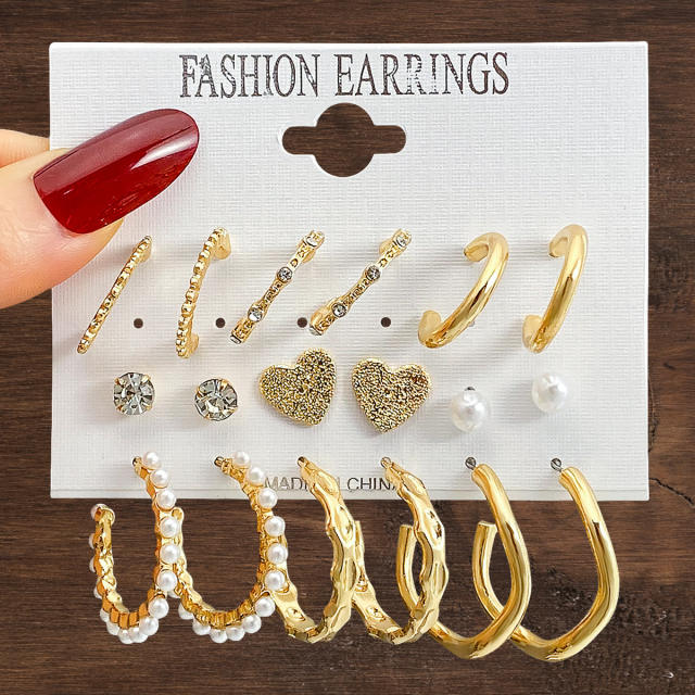 9pcs imitation pearl studs alloy hoop earrings set with card
