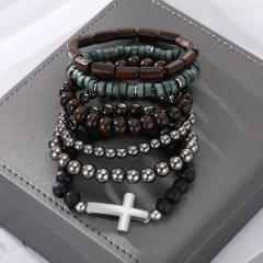 Boho cross symbol elastic bead bracelet set for men