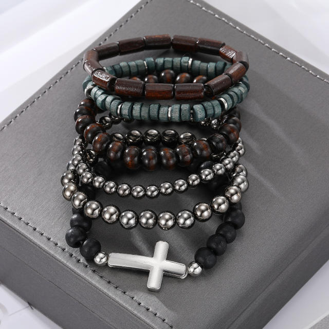 Boho cross symbol elastic bead bracelet set for men