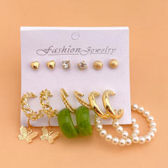 9pcs imitation pearl studs alloy hoop earrings set with card