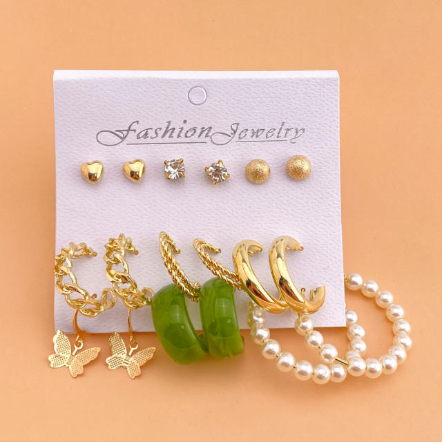 9pcs imitation pearl studs alloy hoop earrings set with card