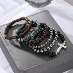 Boho cross symbol elastic bead bracelet set for men