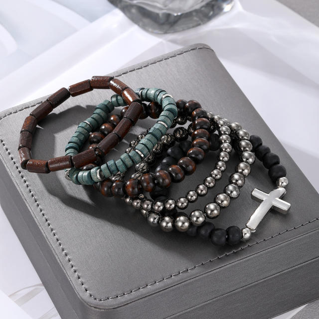 Boho cross symbol elastic bead bracelet set for men