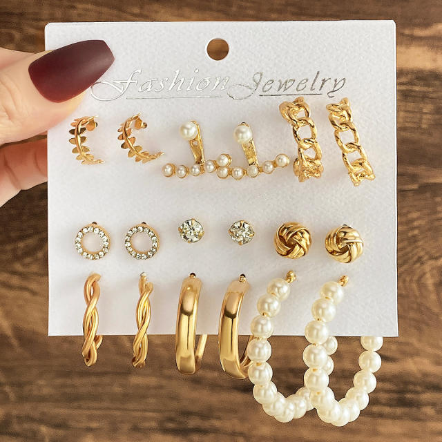 9pcs imitation pearl studs alloy hoop earrings set with card
