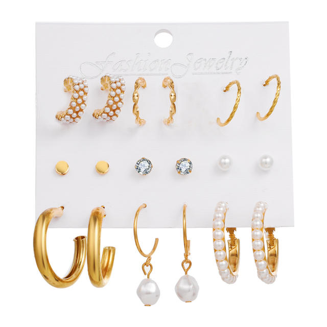 9pcs imitation pearl studs alloy hoop earrings set with card