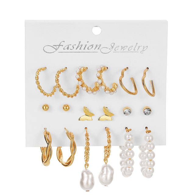 9pcs imitation pearl studs alloy hoop earrings set with card
