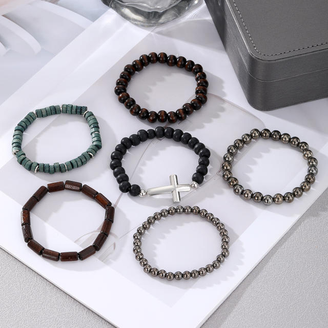 Boho cross symbol elastic bead bracelet set for men