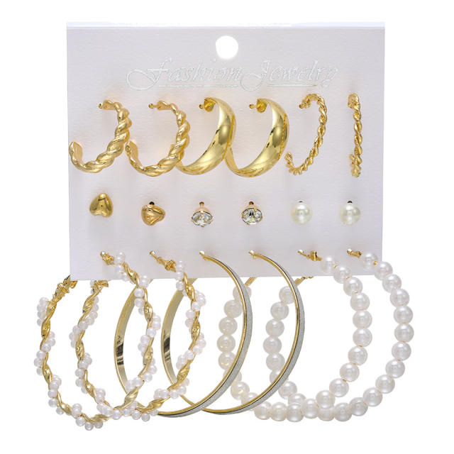 9pcs imitation pearl studs alloy hoop earrings set with card