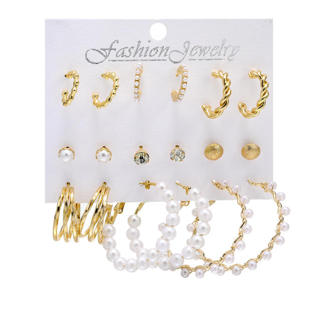 9pcs imitation pearl studs alloy hoop earrings set with card
