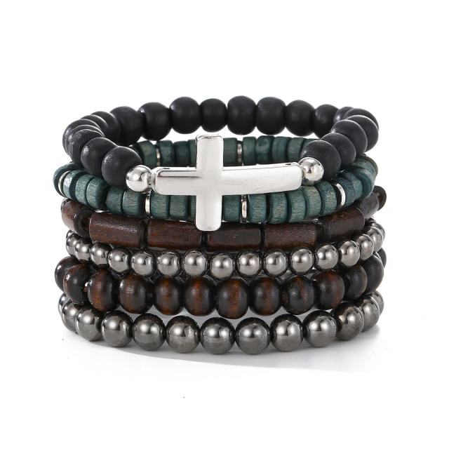 Boho cross symbol elastic bead bracelet set for men