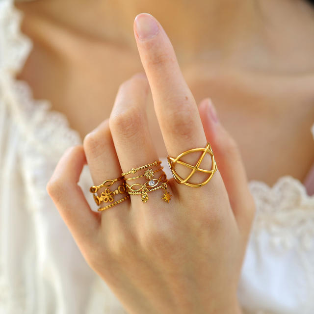 INS boho hollow out gold color stainless steel rings collection
