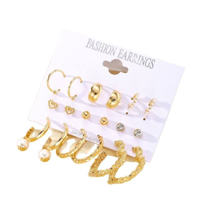 9pcs imitation pearl studs alloy hoop earrings set with card