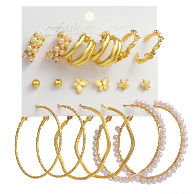 9pcs imitation pearl studs alloy hoop earrings set with card