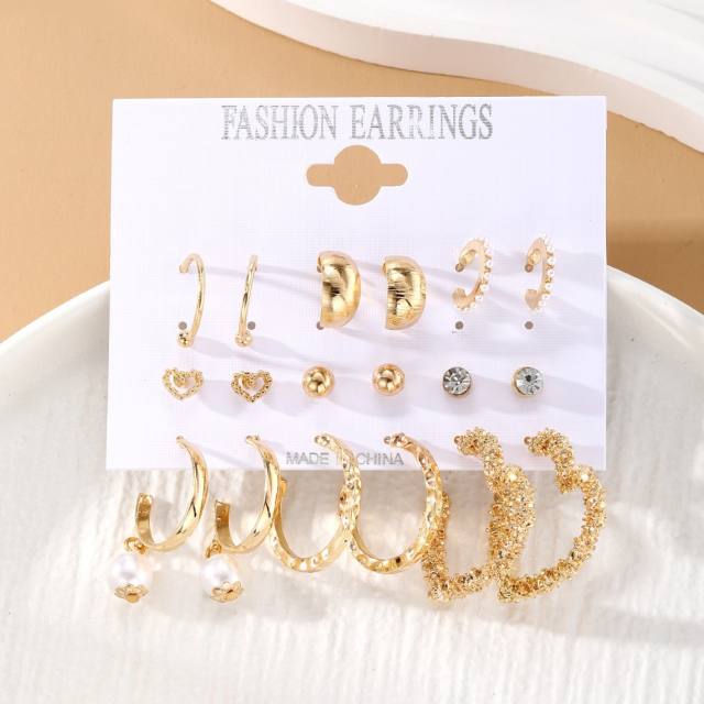 9pcs imitation pearl studs alloy hoop earrings set with card