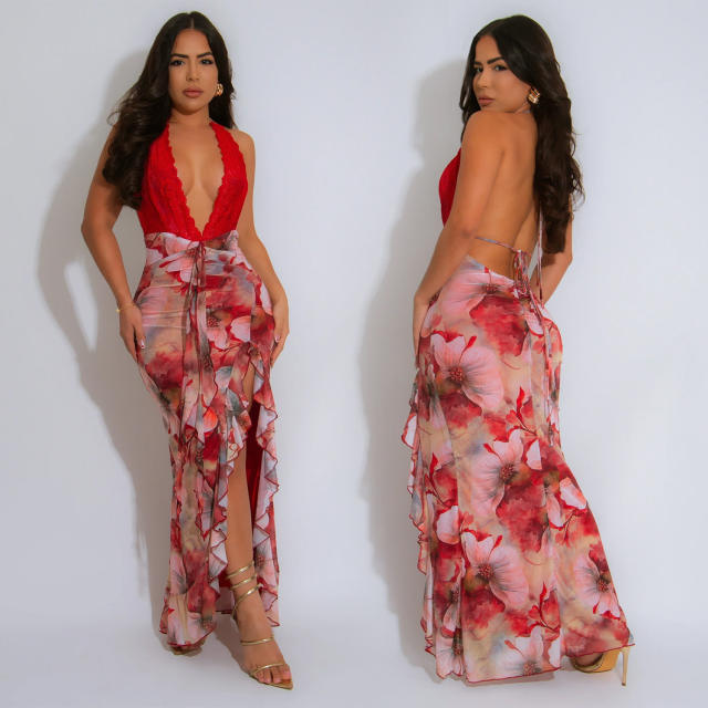 Sexy Deep V Neck halter neck floral maxi dress