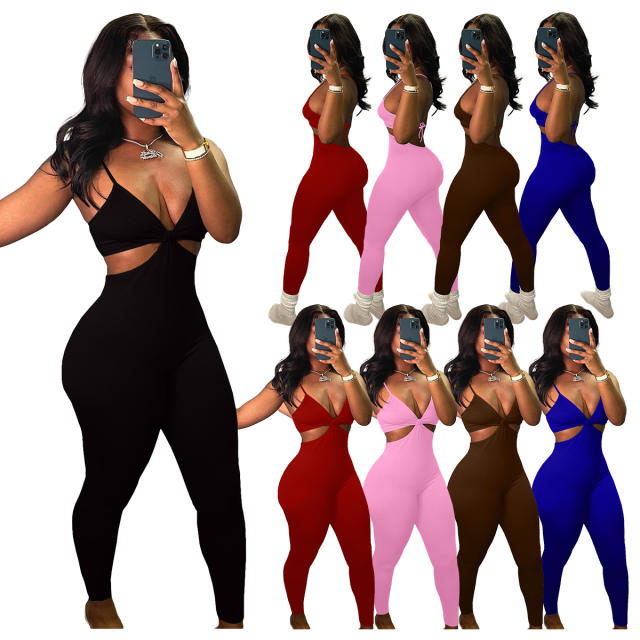 Women's Fashion Sexy Backless Strap Solid Color Casual Jumpsuit Spot