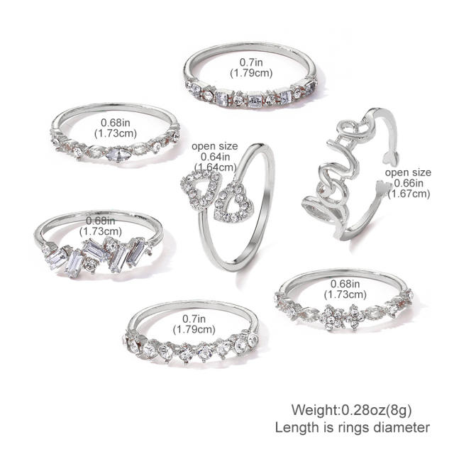 7pcs rhinestone moon star heart alloy stackable rings set