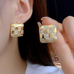 Italey style plaid pattern diamond square studs earrings copper earrings