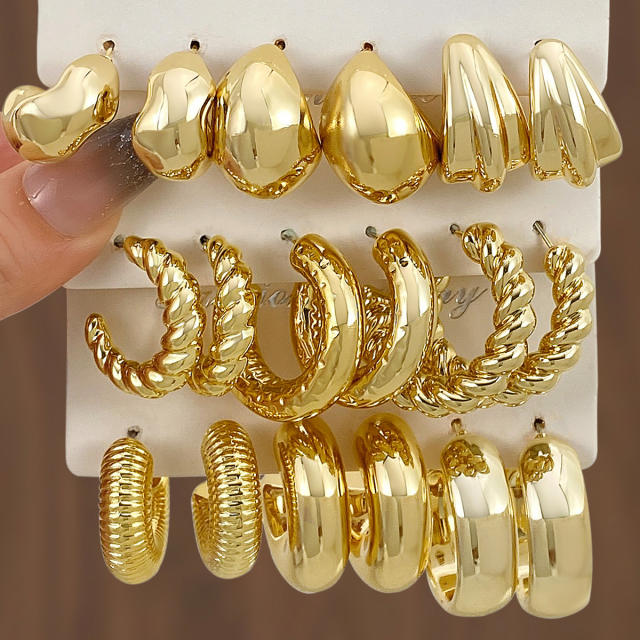 Chunky gold silver black metal earrings set