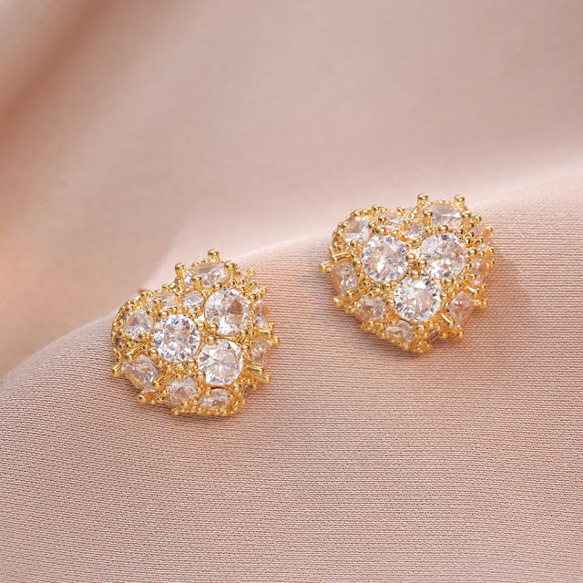 Delicate cubic zircon setting bubble drop circle heart copper earrings