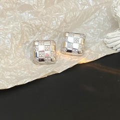 Italey style plaid pattern diamond square studs earrings copper earrings