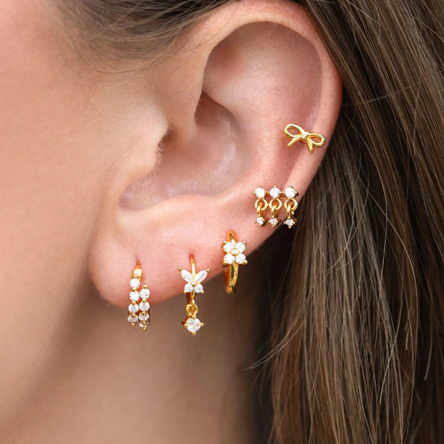 Delicate cubic zircon gold plated copper huggie earrings set for women