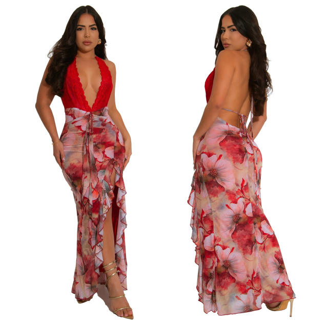 Sexy Deep V Neck halter neck floral maxi dress