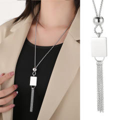 Fashion stainless steel square round beads long necklace