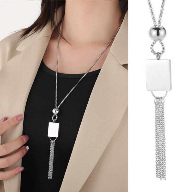 Fashion stainless steel square round beads long necklace