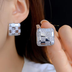 Italey style plaid pattern diamond square studs earrings copper earrings