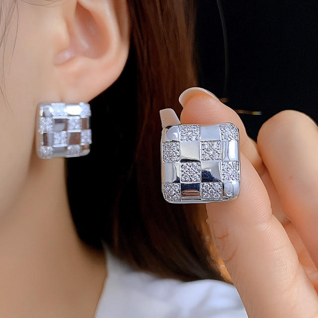 Italey style plaid pattern diamond square studs earrings copper earrings