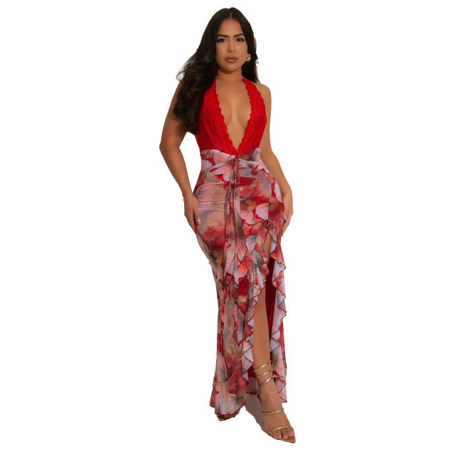 Sexy Deep V Neck halter neck floral maxi dress