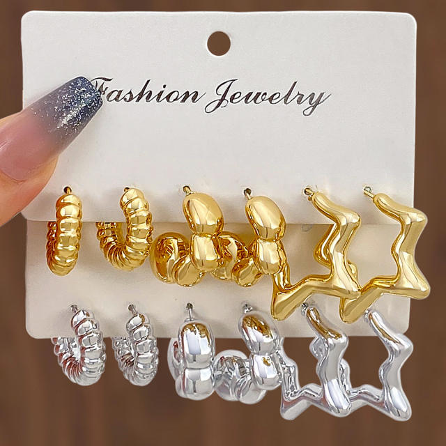 Chunky gold silver black metal earrings set
