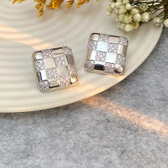 Italey style plaid pattern diamond square studs earrings copper earrings