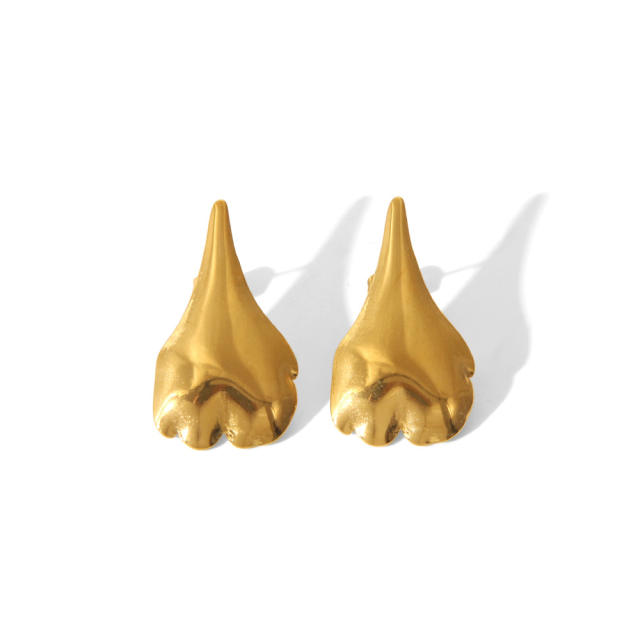 Chunky unique drop leaf patter stainless steel studs earrings