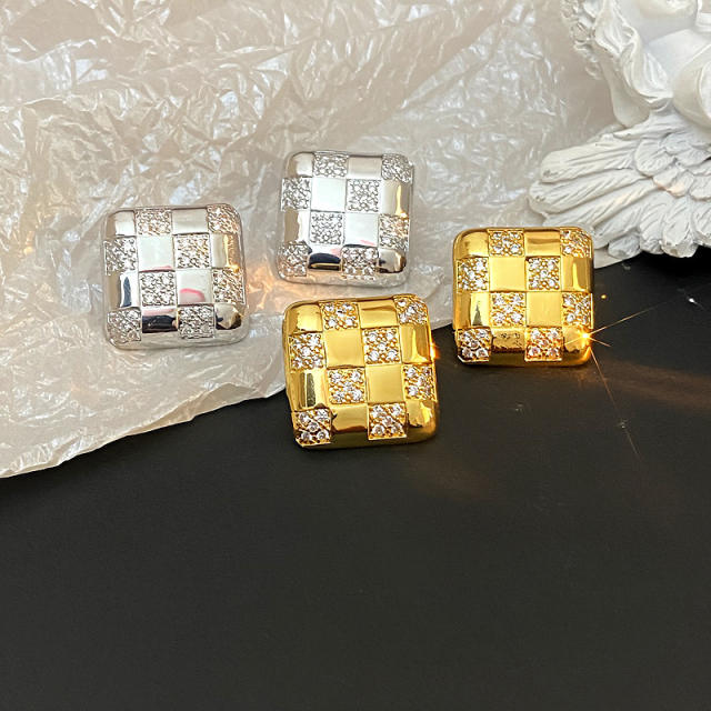 Italey style plaid pattern diamond square studs earrings copper earrings