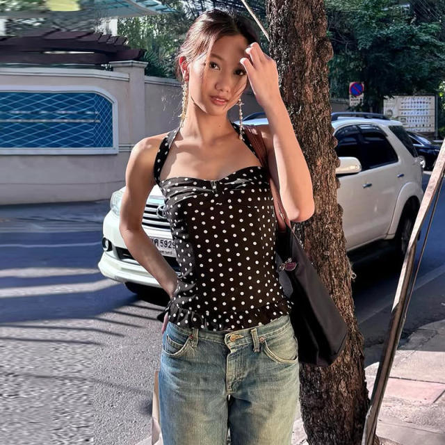 French Style polka Dot Chest Halter Vest Women's Girly V-Collar Waisted Slim Look Hot Girl Top for Summer