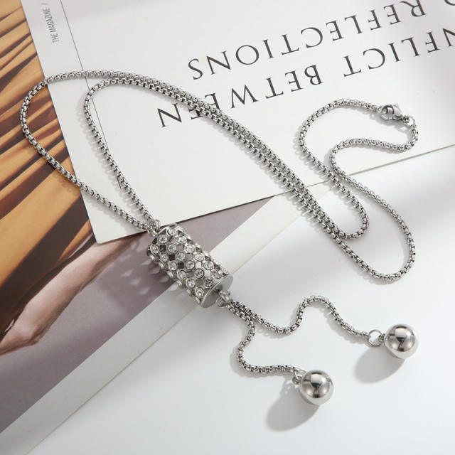 Simple stainless steel gold steel ball necklace fashionable elegant cylindrical long diamond necklace