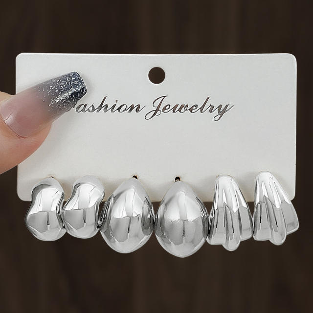 Chunky gold silver black metal earrings set